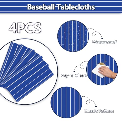 4 Pcs Plastic Baseball Tablecloths, Rectangle Blue Stripe Party Table Cloth for Baseball Game Day Sports Theme Party Supplies, 51 x 86 Inches - color: White on Blue
