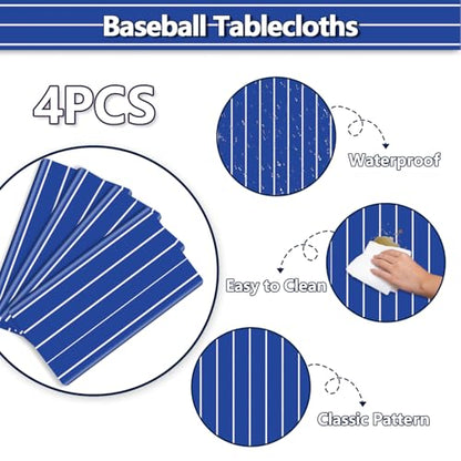 4 Pcs Plastic Baseball Tablecloths, Rectangle Blue Stripe Party Table Cloth for Baseball Game Day Sports Theme Party Supplies, 51 x 86 Inches - color: White on Blue