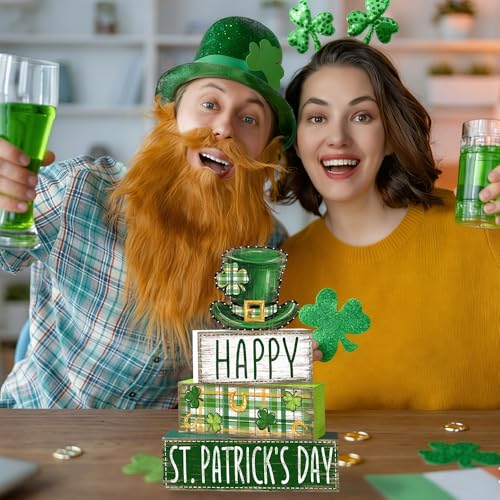 DIYDEC 4Pcs St.Patrick's Day Table Decoration Shamrocks Hat Wooden Block Signs Rustic St. Patrick Tiered Tray Decor Happy St.Patrick's Day Centerpiece Sign for Farmhouse Holiday Tabletop Party Decor - style: St.Patrick's Day Hat