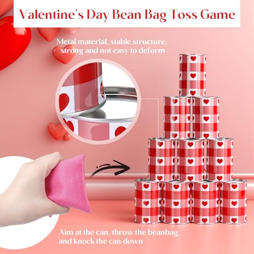 30 Pcs Valentine's Day Carnival Bean Bag Toss Party Game, Knock Down Can Games Set, Includes 20 Metal Can 8 Bean Bags 2 Set Number Stickers for Outdoor and Indoor Games Carnival Party