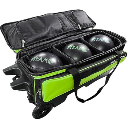 Pyramid Path Triple Premium Deluxe Roller Bowling Bag With Extra Large Separate Shoe Compartment (Up To US Mens Size 16) and 5 Accessory Pockets, 5" Wheels, Retractable Locking Handle - Extends to 42" - color: Black/Lime Green