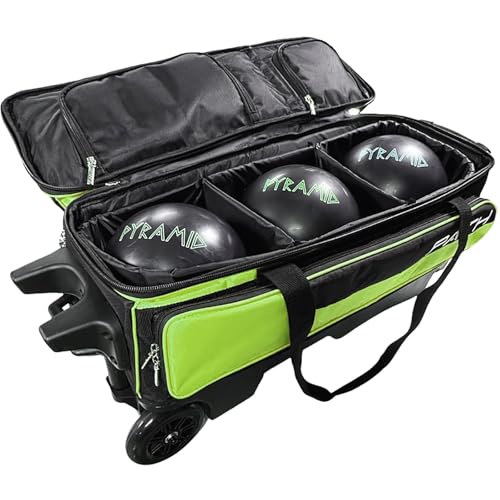 Pyramid Path Triple Premium Deluxe Roller Bowling Bag With Extra Large Separate Shoe Compartment (Up To US Mens Size 16) and 5 Accessory Pockets, 5" Wheels, Retractable Locking Handle - Extends to 42" - color: Black/Lime Green