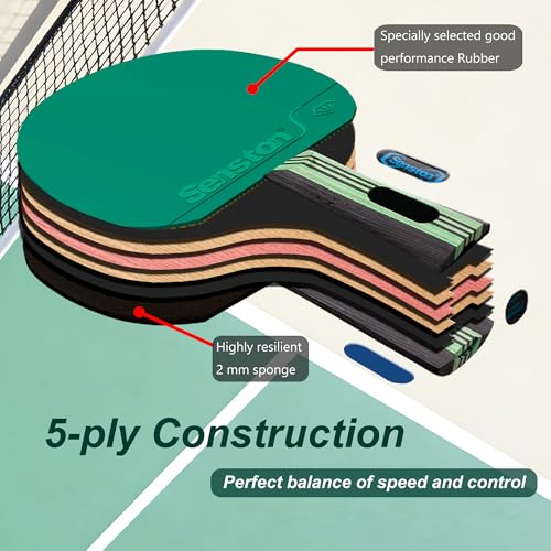 Senston 5-Ply Ping Pong Paddles Set – Premium Wood Table Tennis (Set of 2) with 3 Balls & Portable Carry Case – High-Control 2mm Sponge & Ergonomic Non-Slip Grip for Beginners & Family Play - color: Green