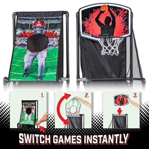 GoSports 2 in 1 Basketball and Football Toss Arcade Game for Kids Ages 3 to 8 Indoor and Outdoor Sports Toy with Hoop, Target, Balls & Pump for Backyard and Playroom Fun