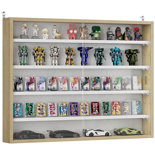 HOMCOM 5-Tier Display Cabinet, Glass Door Cabinet with Adjustable Shelves, Wall-Mounted Display Case for Playroom, Bedroom, Oak and White - color: Oak and White