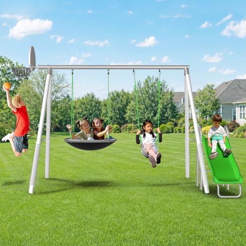 Sportspower Super Saucer Hoop and Swing Outdoor Backyard Swing Set with Basketball Hoop, Saucer Swing, Sling Swing, 5-ft Double-Walled Blow Molded Slide, and Bonus Anchor Kit – White/Silver