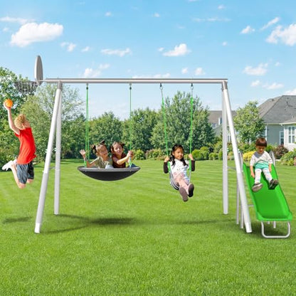 Sportspower Super Saucer Hoop and Swing Outdoor Backyard Swing Set with Basketball Hoop, Saucer Swing, Sling Swing, 5-ft Double-Walled Blow Molded Slide, and Bonus Anchor Kit – White/Silver