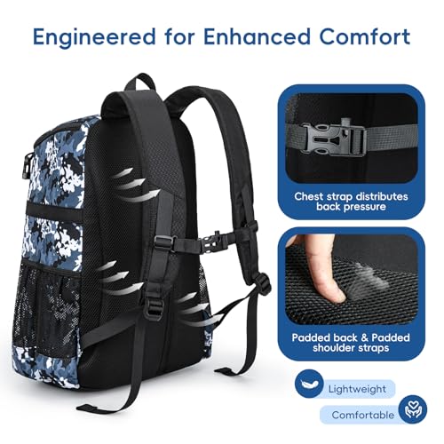 KAVIGOR Baseball Bag for Youth and Adult, Softball Backpack 40L Large Capacity, Bat Backpack with Shoes Compartment and Hidden Helmet Holder - color: Blue Camo