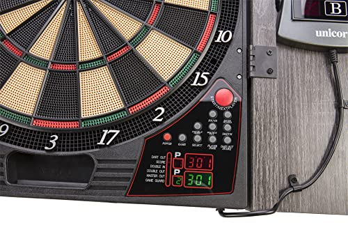 Unicorn Vanquish Dartboard Cabinet Set - Easy-Read Backlit Display - Virtual Opponent Gameplay - 28 Games with 271 Variations - in-Game Sound Effects - Stylish Wooden Cabine