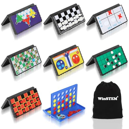8-in-1 Mini Travel Board Games Set, Magnetic Checkers Game with Folding Magnet Board, 4 in a Row Game, 5.2'' Compact Design Ideal for Family/Road Trip/Travel/Camping Party, Included Storage Bag