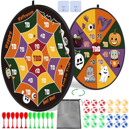 HELLO PAPAYA 29" Large Dart Board for Kids,with 24 Sticky Balls+12 Sticky Darts,Indoor/Sport Outdoor Fun Party Play Game Toys,Birthday for 3 4 5 6 7 8 9 10 11 12 Year Old Boys Girls - style: 2in1-100 Scores Halloween Target With 24 balls 12 darts