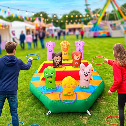 6FT Inflatable Ring Toss Game with 20 Rings & Built-in Blower, Inflatable Carnival Toss Game for Backyard, Camping, Event, Family Party