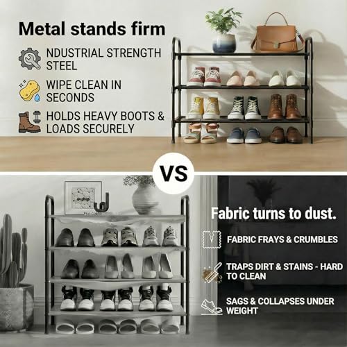 3-Tler Shoe Rack Organlzer, Rustproof lron, Spaclous Shoe Storage Shelf for Closet or Entryway, Fits Sneakers & Slippers, Black