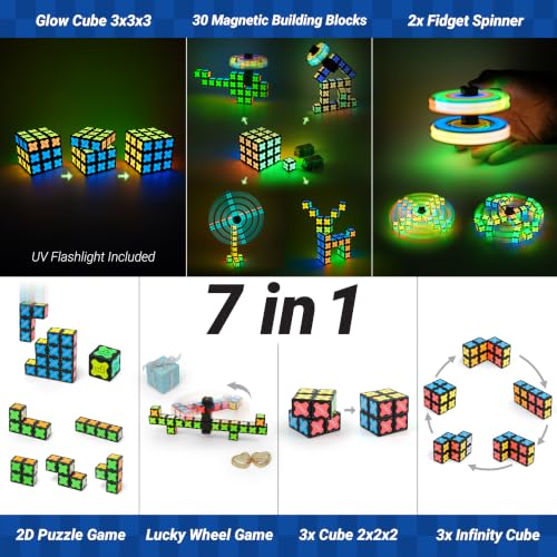 TOSY Magnet Cube 3x3 - 240 Magnets, 30 Blocks, 7in1 Toy: Puzzle Cube Game, Creative Building Blocks, Transformable Fidget Spinner, Infinity Cube, Magnet Tiles, UV Flashlight, Glowing STEM/STEAM Toy - color: Cube 3x3x3