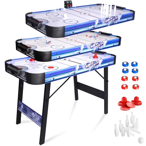 Air Hockey Table Foldable 4ft Powered Hockey Game Table 48 inch Indoor Electric Hockey Table w/2 Pucks, 2 Pushers,Shuffleboard,Bowling,Powerful 12V Motor for Adults and Kids