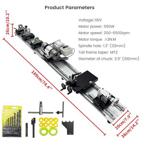110V Pool Cue Repair Lathe 550W Brushless, 200-6500RPM Variable Speed, 1.3" Spindle Hole MT2 Taper, Double Track Chuck for Billiard Cue Tip Replacement & Slender Workpiece Processing