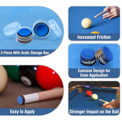 Pool Cue Chalk 2 Pack – Billiard Chalk for Cue Tips with Concave Design and Acrylic Storage Box – Pool Table Accessories for Billiards