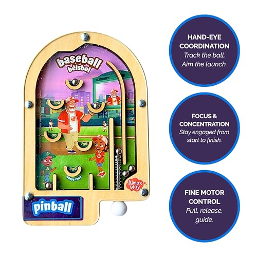 Upbounders® Alma's Way™ Baseball-Béisbol Wooden Pinball, Hand-Held Travel Game for Kids Ages 3+, Bilingual Sports Theme