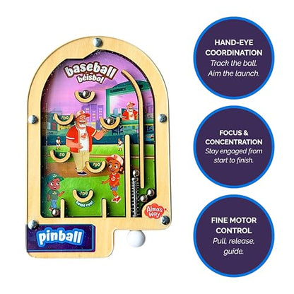 Upbounders® Alma's Way™ Baseball-Béisbol Wooden Pinball, Hand-Held Travel Game for Kids Ages 3+, Bilingual Sports Theme