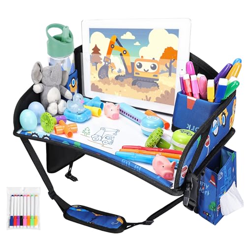 Kids Travel Tray for Airplane - Toddler Car Seat Table Tray, Road Trip Essentials for Boys & Girls, Carseat Lap Desk for Kids Road Trip Activities (Dark Blue Car) - color: Dark Blue Car