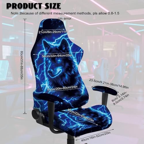 Blue Lightning Wolf Gaming Chair Cover with Armrest Covers Anti Cat Scratch Furniture Protector Universal Stretchable Fit High Back Spandex Rotating Boss Chair Slipcovers, 4Pc/Set - color: Blue Lightning Wolf