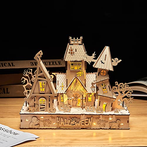 3D Wooden Puzzles Halloween House Kits Includes Light Strip, Brainteaser and Puzzle for Halloween/Birthday,Gifts for Adults and Teens to Build Combination - style: Halloween House