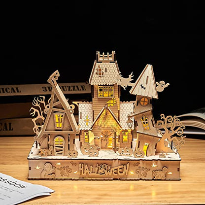 3D Wooden Puzzles Halloween House Kits Includes Light Strip, Brainteaser and Puzzle for Halloween/Birthday,Gifts for Adults and Teens to Build Combination - style: Halloween House