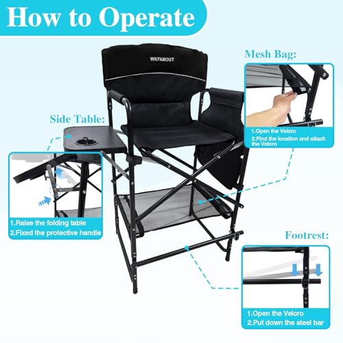 Tall Folding Director Chair 30.7" Seat Height Foldable Bar Stool for Makeup Artist Face Painting with Side Table Carry Bag and Cosmetic Bag Supports 350LBS - color: Black-padded