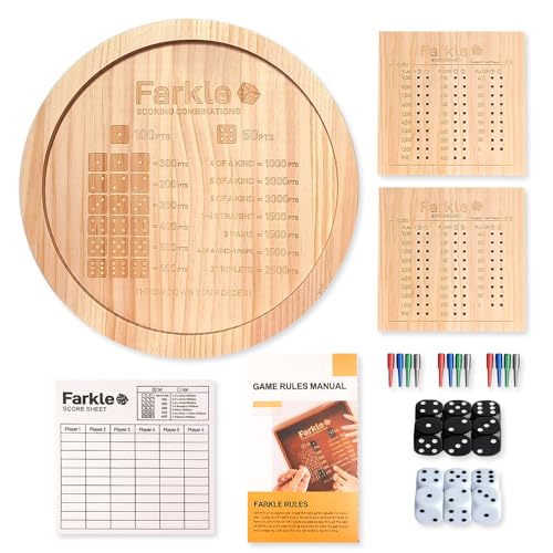 Farkle Dice Tray,Farkle Classic Dice Game with Tray,2 Sets of 6 Pearl Dice,2 Sets of 6''Wooden Scoreboard, 12 Scoring Sticks,1 Instruction Manual, 50 PCS Score Sheets,The Classic Family Game