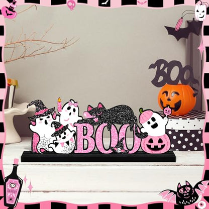 Halloween Decorations for Home Pink Ghosts Metal Sign, Cute Ghosts Black Cat Table Decor Rustic Farmhouse Halloween Tiered Tray Decor Metal Word Sign Tabletop Centerpiece for Home Mantel Shelf Desk - style: Pink Ghosts