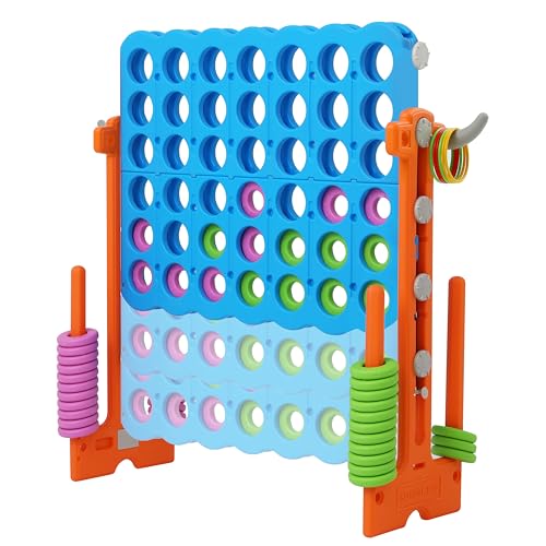 SDADI Height Adjustable Giant 4 in a Row Connect Game, 2-in-1 Jumbo 4-to-Score Game with Ring Toss Game Set, Indoor Outdoor Yard Game Party Game for Kids Adults and Family, Orange - color: Orange