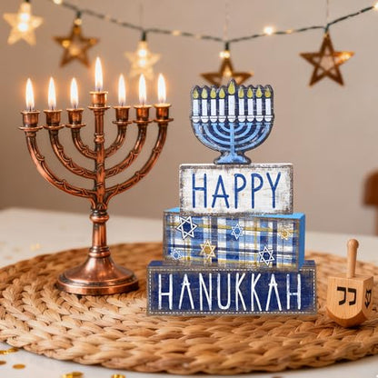 DIYDEC 4Pcs Hanukkah Table Decoration Happy Hanukkah Wooden Block Wooden Menorah Decoration Chanukah Table Centerpiece Sign Jewish New Year Decor for Holiday Gifts Tabletop Fireplace Shelf Desk Party - style: Hanukkah
