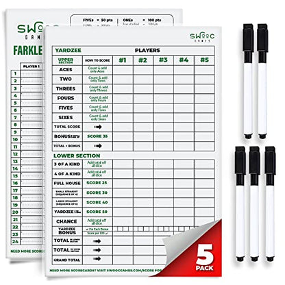 SWOOC Games® - 5 Big Premium Laminated Yardzee & Farkle Score Cards (11.5in x 8in) with Rules - Large Reusable Dry Erase Pads for Giant Outdoor Dice - style: Score Cards + Markers (5 Pack)