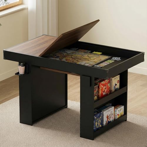 Board Game Table with Removable Top & PU Leather Mat, 2-in-1 Dining Table for 4–6 Players, w/ Storage Shelves, Cup Holders, Corner Protectors, for Card, DND, Poker, Building Blocks (Brown+Black) - color: Brown+black