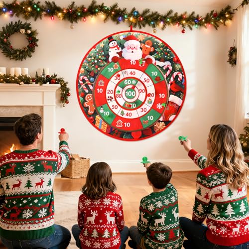 Christmas Games Santa Claus Dart Board for Family, Kids Adults with 8 Sticky Balls and 8 Darts, XMAS Activities Game,Indoor Outdoor Toys Party Favors Gifts (Double Sided Target Christmas&Thanksgiving)