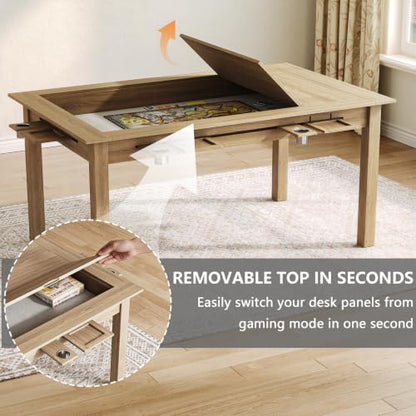 Board Game Table with Removable Top, 63" Dining/Gaming Table for 4-6 Players with 53in x 31.5in Play Area, Includes 6 Cup Holders & Trays, Natural Wood (Game Mat Not Included) - color: Natural Wood