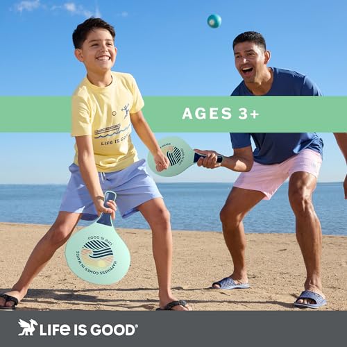 Life Is Good Wooden Paddle Ball Set (Teal Tie Dye), 2 Thick Wood Paddles and 2 Balls, Classic Beach and Backyard Toss Game for Kids and Adults, Outdoor Summer Lawn and Park Activity - color: Teal Tie-Dye