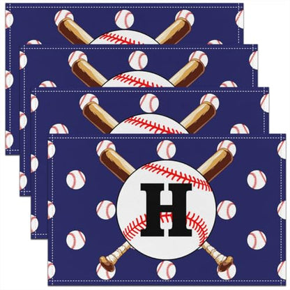 Baseball Place Mats 12x18 Inch Set of 4 Initial Letter H Table Mats for Boys Teens Adults White Baseball Sports Blue Kitchen Mats for Dining Table - color: Blue H