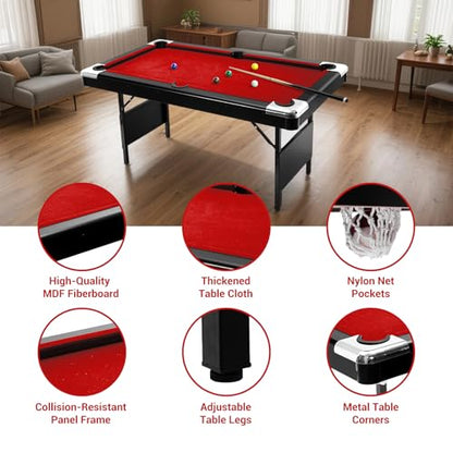 7 Foot Pool Table for Family, Foldable No Assembly Pool Table with Balls, Cues, Chalk, Rack & Brush, Portable Billiards Game Table for Apartment, Basement, Office & Game Room - size: Red-6FT