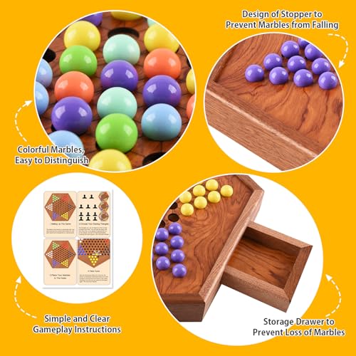 Large Chinese Checkers Upgraded Version Wooden Game Board, 16mm 60+12 Colorful Acrylic Marbles, Easy Grasping for Adults and Kids, with Storage Drawer, Fun for Family Gathering (15in.)