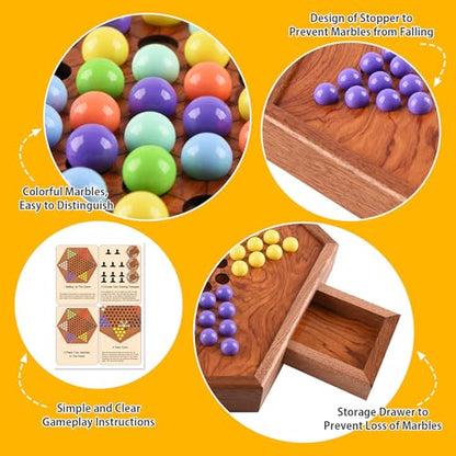 Large Chinese Checkers Upgraded Version Wooden Game Board, 16mm 60+12 Colorful Acrylic Marbles, Easy Grasping for Adults and Kids, with Storage Drawer, Fun for Family Gathering (15in.)