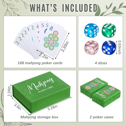 Soulchen 168 Pcs Mahjong Playing Cards American Style Blossom Numbered Large Print PVC Poker Mahjong Tiles with 4 Dices 2 Storage Box for Travel Home, Portable Gift(Houseplant Theme,Green) - color: Green, style: Houseplant
