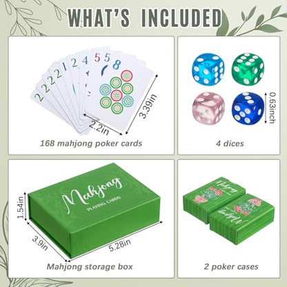 Soulchen 168 Pcs Mahjong Playing Cards American Style Blossom Numbered Large Print PVC Poker Mahjong Tiles with 4 Dices 2 Storage Box for Travel Home, Portable Gift(Houseplant Theme,Green) - color: Green, style: Houseplant