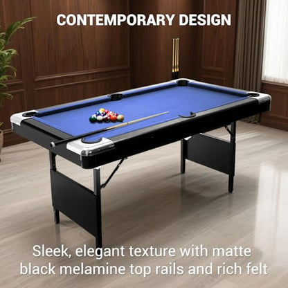 6/7 Foot Pool Table，Foldable Pool Table with Full Set of Balls, 2 Cue Sticks, Chalk & Felt Brush, Portable Billiards Table for Home, Family Game Room, Basement, Man Cave, Mesa De Billar