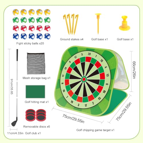 Golf Chipping Game Set Kids Backyard Golf Practice Set w/3-Sided Hitting Mat,20 Balls,6 Discs,Golf Club &4 Ground Stakes&Tees,4 in 1 Indoor Outdoor Family Game Sports Toy, for Boys Girls