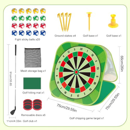 Golf Chipping Game Set Kids Backyard Golf Practice Set w/3-Sided Hitting Mat,20 Balls,6 Discs,Golf Club &4 Ground Stakes&Tees,4 in 1 Indoor Outdoor Family Game Sports Toy, for Boys Girls