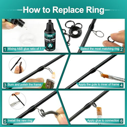 Fishing Rod Repair Kit, Fishing Pole Eyelet Repair -13 Sizes 52Pcs Ceramic Guide Rings for Replacement, Rod Tip Accessories & Gear | High-Hardness | Low-Friction/w A&B Epoxy Glue Tweezer