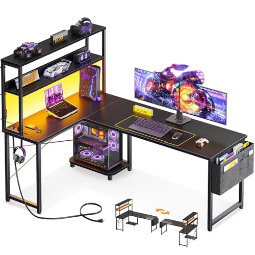 ODK 61 Inch L Shaped Desk with LED Lighting, Reversible Gaming Desk with Power Outlets, Cornor Computer Table with Storage Shelves & Bag & Iron Hook, Home Office Table for Writing, Study, Black - color: Black, size: 61 Inch