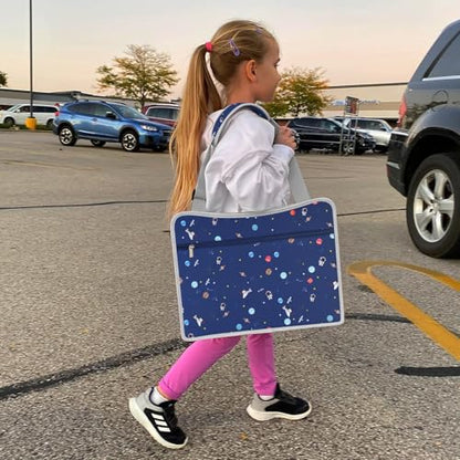 MENZOKE Car Seat Tray for Kids with Educational Drawing Board, Tablet Holder & Cooler Cup Holder, Essential for Car Travel & Airplane Trips, Space Pattern Design, Dark Blue - color: Navy Space