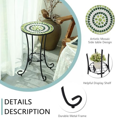 VCUTEKA Outdoor Side Table Mosaic Patio Table Accent Tables Mosaic Tile Top Metal Frame Small End Tables Porch Beach Patio Garden Balcony Grass Green - color: Grass Green